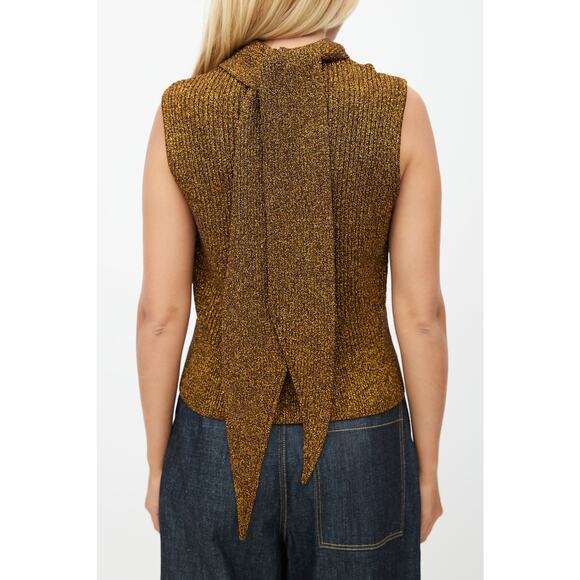 Ganni Metallic Rib Knit Tie Back Top Womens Size XL Gold Black NWT Retail $ 225 - Picture 3 of 16